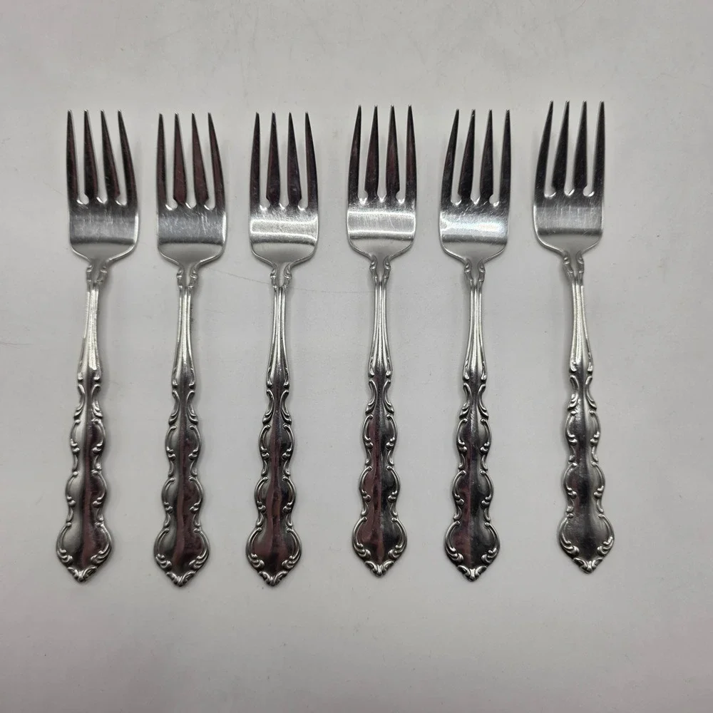 Oneida Salad Fork Chateau Deluxe Stainless Ornate Scroll Glossy Flatware Set 6pc